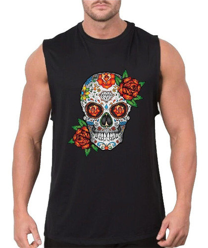 Regata Masculina Algodão Camiseta Caveira Mexicana Flor Moda