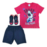 Conjunto Verão Camiseta Tubarão Infantil Menino Roupa