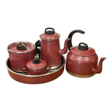 Conjunto Café Bule Chaleira Leiteira Acucareiro Forma Lindo Cor Vermelho