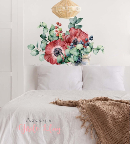 Vinilo Decorativo Pared Hojas De Eucalipto Y Rosas Acuarela