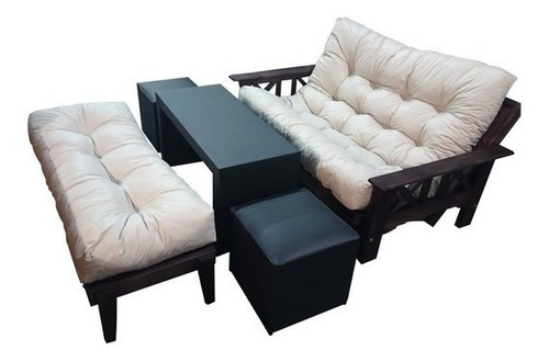 Futon 3 Cuerpos Lustrado + Banqueta + Mesa Puente + 2 Puff