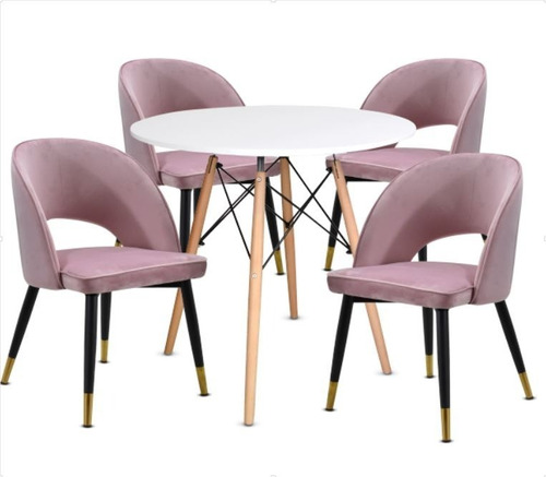 Comedor Mesa Eames Blanca + 4 Sillas Velvet Terciopelo Rosa