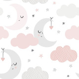 Papel De Parede Adesivo Infantil Nuvens Com Lua Rosa - If112