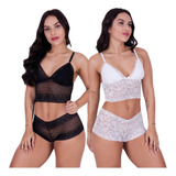 Kit 2 Conjunto Short Doll Espera Marido Renda Lingerie Sexy