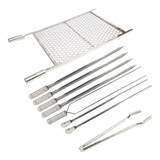 Kit Churrasco 100% Inox, Grelha 70x50 Com 7 Espetos, Pegador