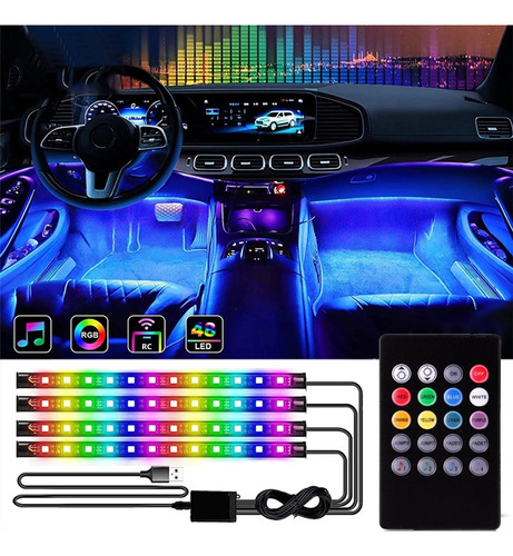 Tiras De Luces Led Para Interior De Coche, 4 Unidades, Mando