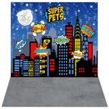 Fundo Fotográfico Pet Shop Cenário Tecido 1,20x1,70 Vertical Desenho Impresso Pet Herói Prédios Pet-69