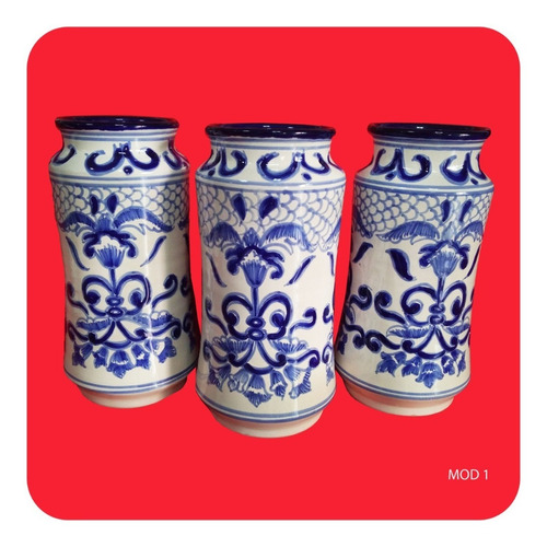 3 Floreros Arte Antiguo De Talavera Poblana Azul 22 Cm Flr