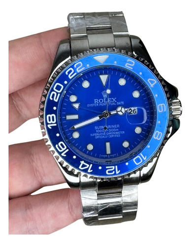 Relogio Masculino Rolex Subyacht Prata Com Azul