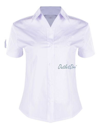 Camisete Feminino Camisa Social Branco Manga Curta Bordado