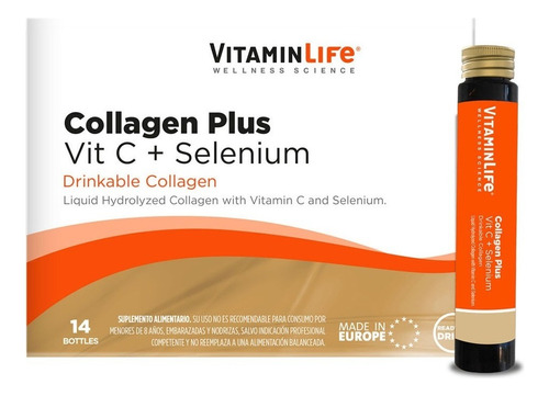 Colágeno Plus Vit C + Selenio (14 Viales) Vitamin Life Sabor Limón