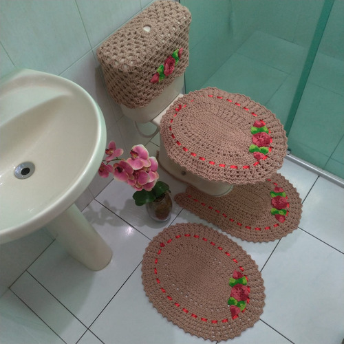 Tapete Crochê Colorido Banheiro Jogo 4 Peças Caixa Promoção