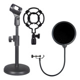 Suporte Pedestal De Mesa P/ Microfone + Shock Mount Aranha + Pop Filter Filtro