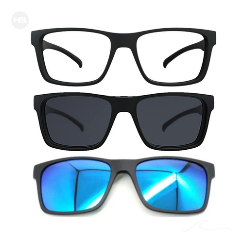 Óculos Armação Grau 2clip On Hb 0339 Cinza Esc Azul Espelhad