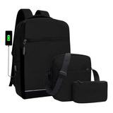 Set 3 Piezas Mochila Usb , Bolsa , Lapicera , Escolar Oficina Viaje 3011 Xsh Color Negro