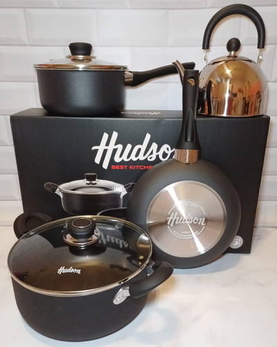 Hudson Batería Juego Set Teflon Negro Antiadherente + Pava 