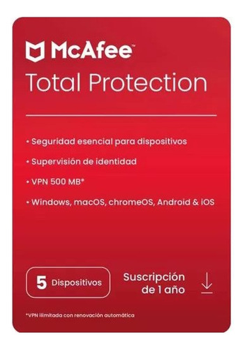 Antivirus Mcafee Total Protection 2024 - 5 Dispo - 1 Año