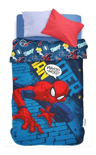 Acolchado Piñata Spiderman 1 1/2 Plaza Diseño Sublimado Color Azul Y Celeste De 145cm X 240cm