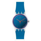 Reloj Pulsera Swatch Originals Polarose De Cuerpo Color Transparente, Analógico, Para Mujer, Fondo Azul, Con Correa De Silicona Color Azul, Agujas Color Naranja, Dial Naranja, Bisel Color Plateado Y H