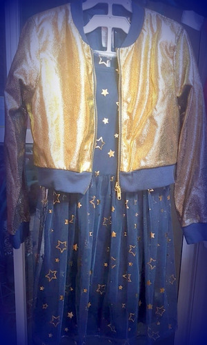 Vestido Infantil Azul Estrella Saco Dorado Conjunto Fiesta
