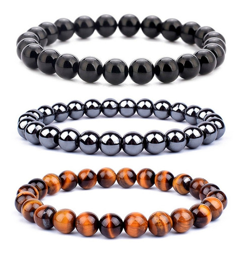 Pulseira Masculina Bolinha Pedra 8mm 3 Peças Olho De Tigre Diâmetro 22 Cm