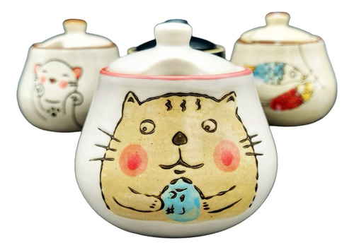 Azucarera De Ceramica Con Tapa Kawai Animado Gatito Cat Pez 