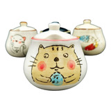 Azucarera De Ceramica Con Tapa Kawai Animado Gatito Cat Pez 