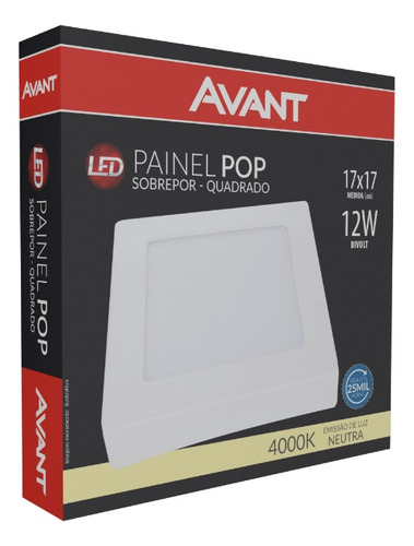 1x Painel Plafon Led 12w Sobrepor Quadrado 4000k Avant