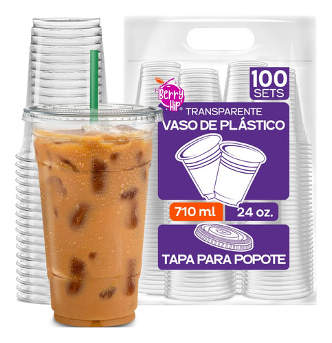 100 Vasos Desechables De Plástico Con Tapa Para Popote 24 Oz