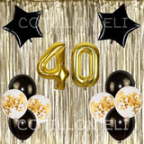 Combo Cumple Champagne Dorado Negro Cortina Globos Confetti