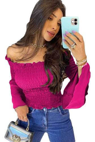 Blusa Blusinha Lastex Franzida Manga Longa Flare Ciganinha