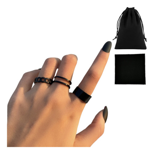 Set Anillo Conjunto Aleación Mujer Regalo Negro Simple 3pzs