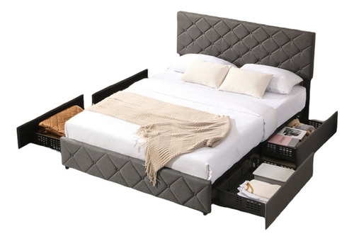 Base Cama Sommier 4 Cajones Corredizos Tapizada Negra