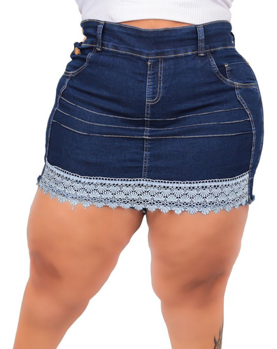 Short Saia Jeans Femenino Plus Size Com Lycra Com Rendinha