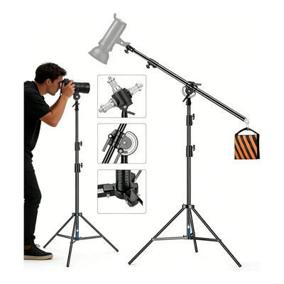 Cathseen Soporte De Luz Fotografía 2 En 1,soporte De Trípode Resistente De Aleación Aluminio De 4m Pies Con Brazo De... Negro