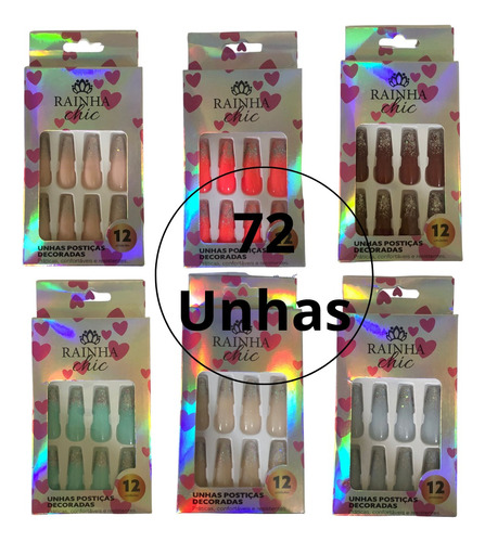 Kit 72 Unhas Postiças Decoradas Glitter Formato Bailarina