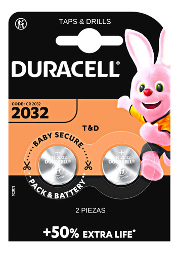 Duracell Pila 2032 Tipo Botón 3v Blister 2 Pza Baby Secure 