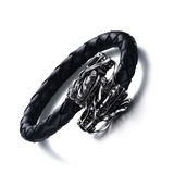 Bracelete Viking  Cabeça Dragão Chinês De Couro E Aço Inox