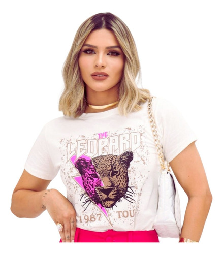 Blusa T-shirt Camiseta Feminina Estampada Leopardo Blogueira