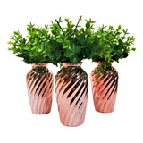 Kit Decorativo Sala C/ 3 Vasinhos Rose Gold + Planta Artif.