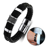 Pulseira Masculina Luxo Couro Legítimo Alta Qualidade Preta