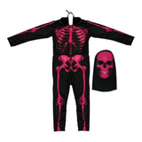 Fantasia Halloween Infantil Caveira Esqueleto Rosa Com Gorro