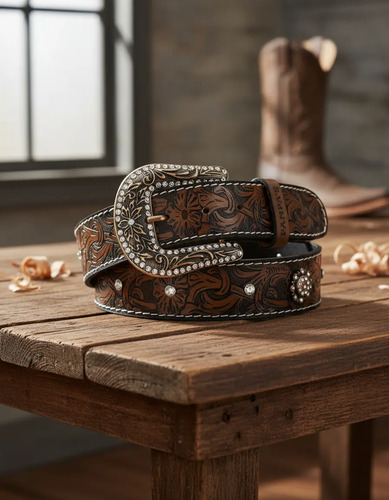 Cinto Country Feminino Detalhes Metal Floral Fivela Strass  | Frete grátis