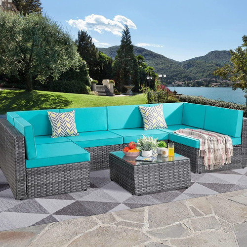 Juego 7 Muebles Sofa Para Patio Color Azul Marca Shintenchi