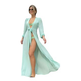 Saída De Praia Longa Vestido Canga Manga Longa Kimono Verão