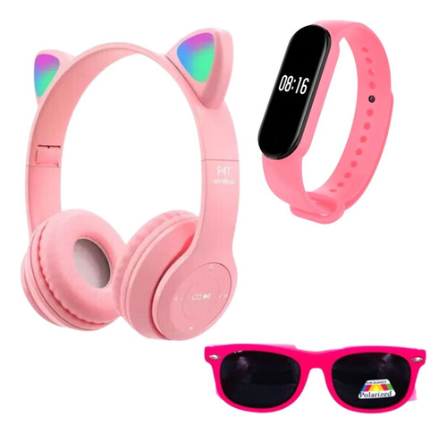 Fone Ouvido Bluetooth Led Orelha Gato Headphone + 2 Brindes