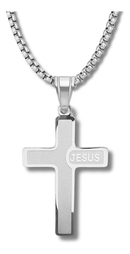 Collar Para Hombre Mujer Y Dije Cruz Jesus Acero Color Plata