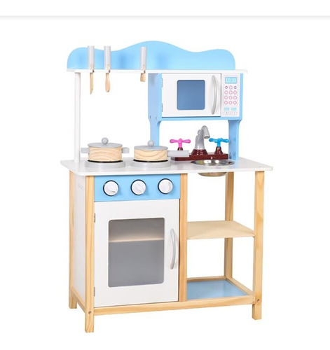 Juguete Cocina Madera  Con Accesorios Incluidos Celeste