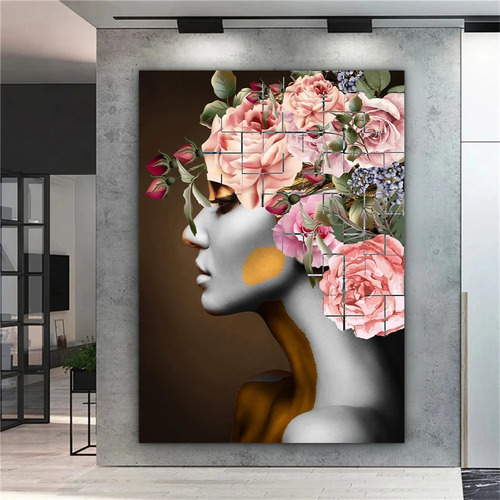 Quadro Tela Canvas Mulher Flores Tamanho Grande 1m X 67cm