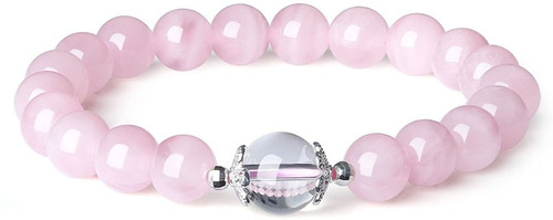 Pulsera Piedra Natural Cuarzo Rosa Y Cuarzo Cristal Flor